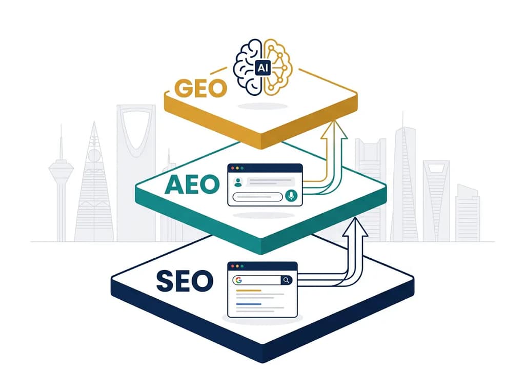 How to Rank on Google in Saudi Arabia in 2026: SEO, GEO and AEO for B2B Companies three layers of Google ranking